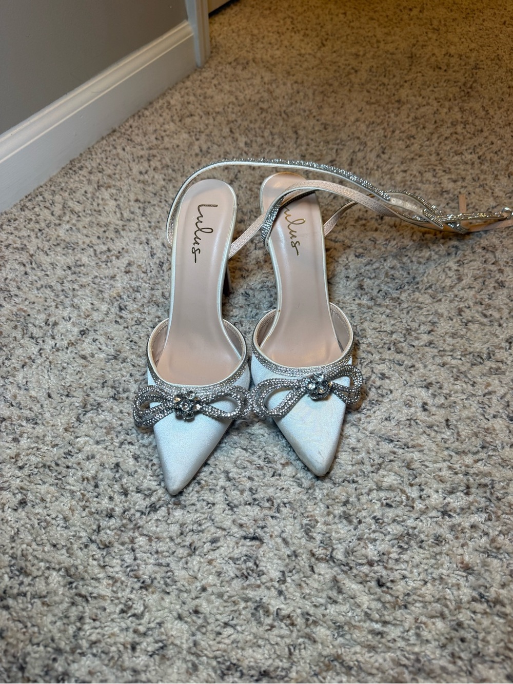 Lulu's White Satin Silver Rhinestone Pointed Wrap Clasp Heels Crystal Bow